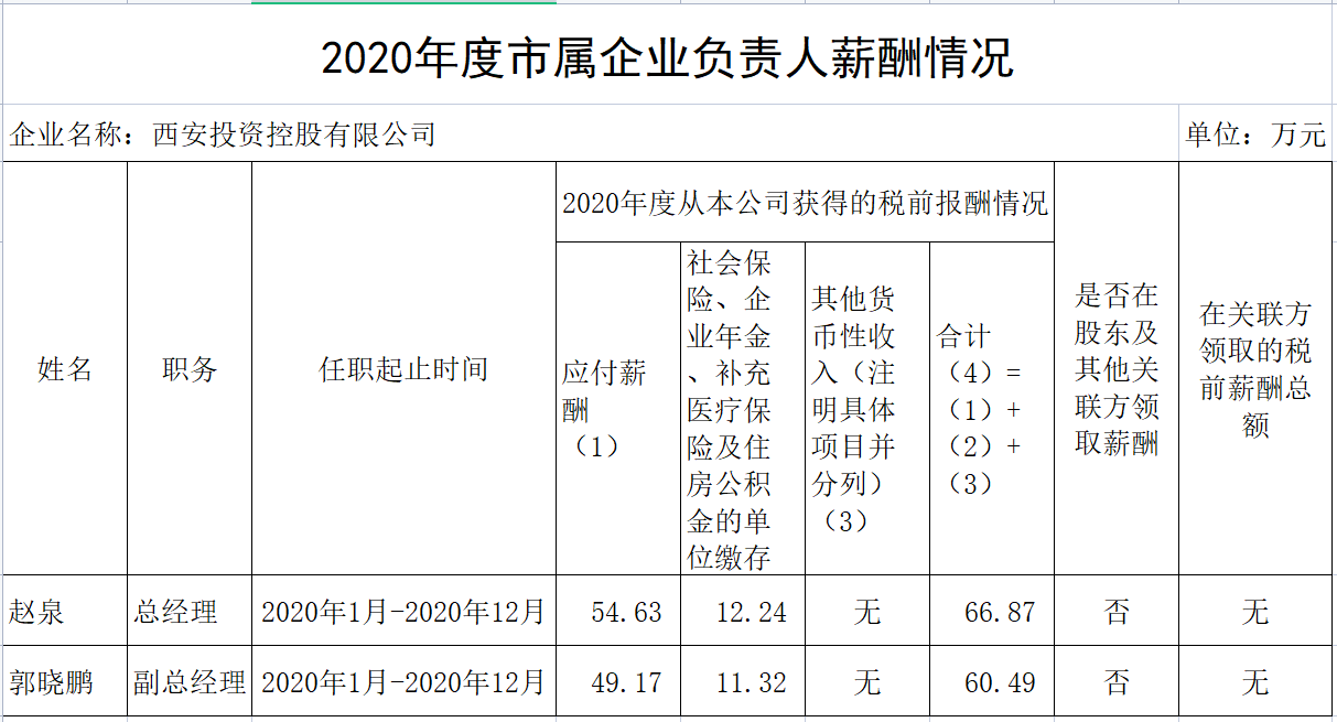 2020年度市属企业负责人薪酬情况